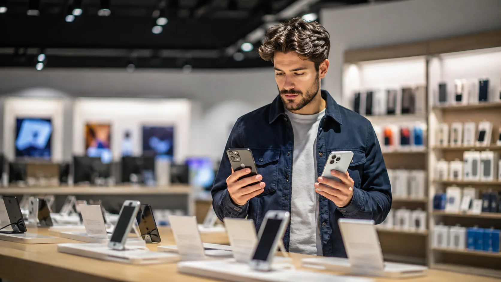 Consumidor avaliando dois smartphones e preços em loja