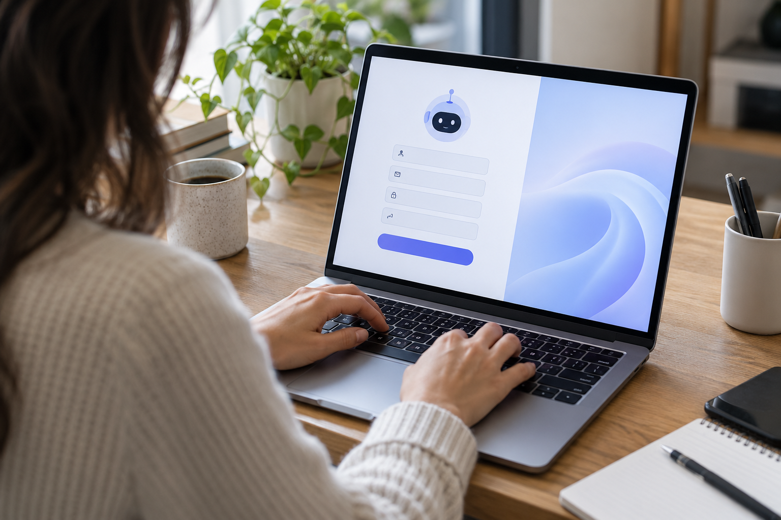 Pessoa preenchendo o cadastro de um assistente de inteligência artificial no notebook