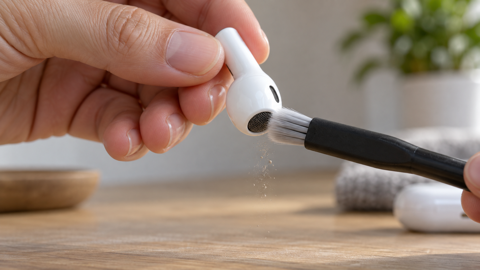 Pessoa removendo sujeira da grade externa de um fone com uma escova macia e seca