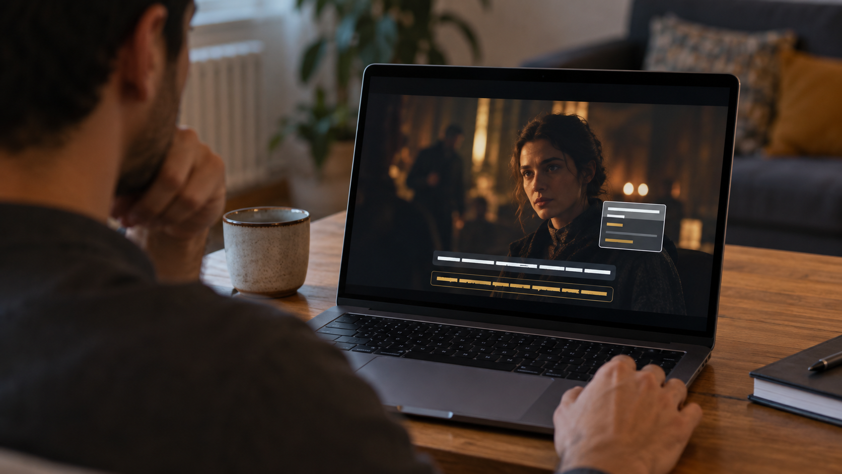 Filme no notebook com duas linhas de legenda e dicionário contextual