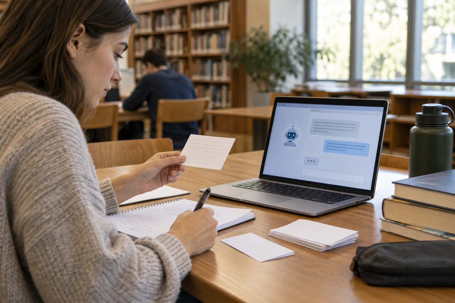 Estudante respondendo flashcards com o apoio de um tutor de inteligência artificial
