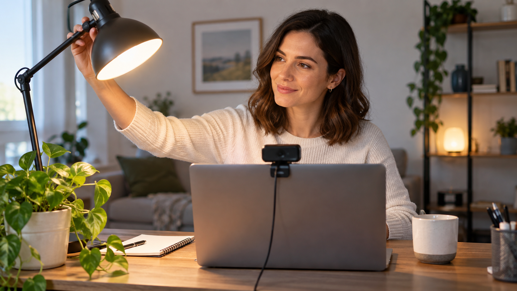 Profissional ajustando uma luminária para melhorar a imagem da webcam
