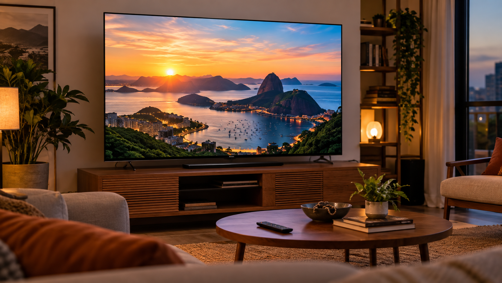 smart TV moderna exibindo paisagem em uma sala de estar realista