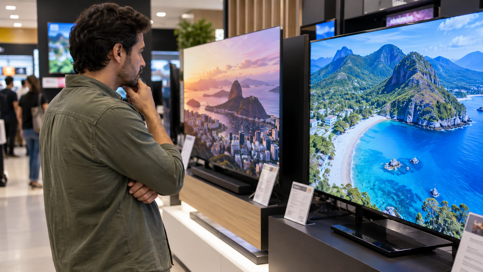 consumidor comparando televisores em uma loja de eletrônicos