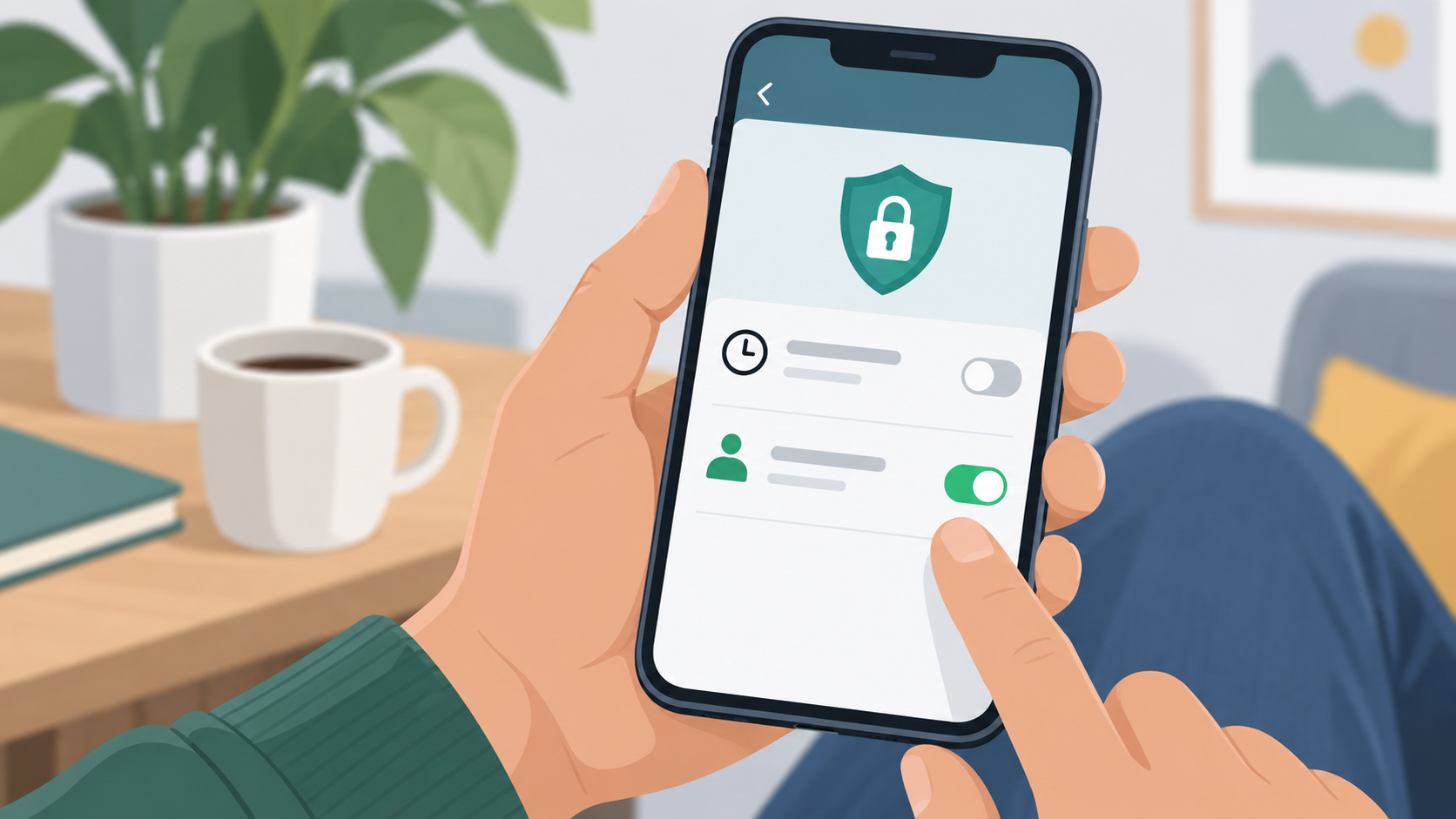 ilustração de opções de privacidade e horário online no celular