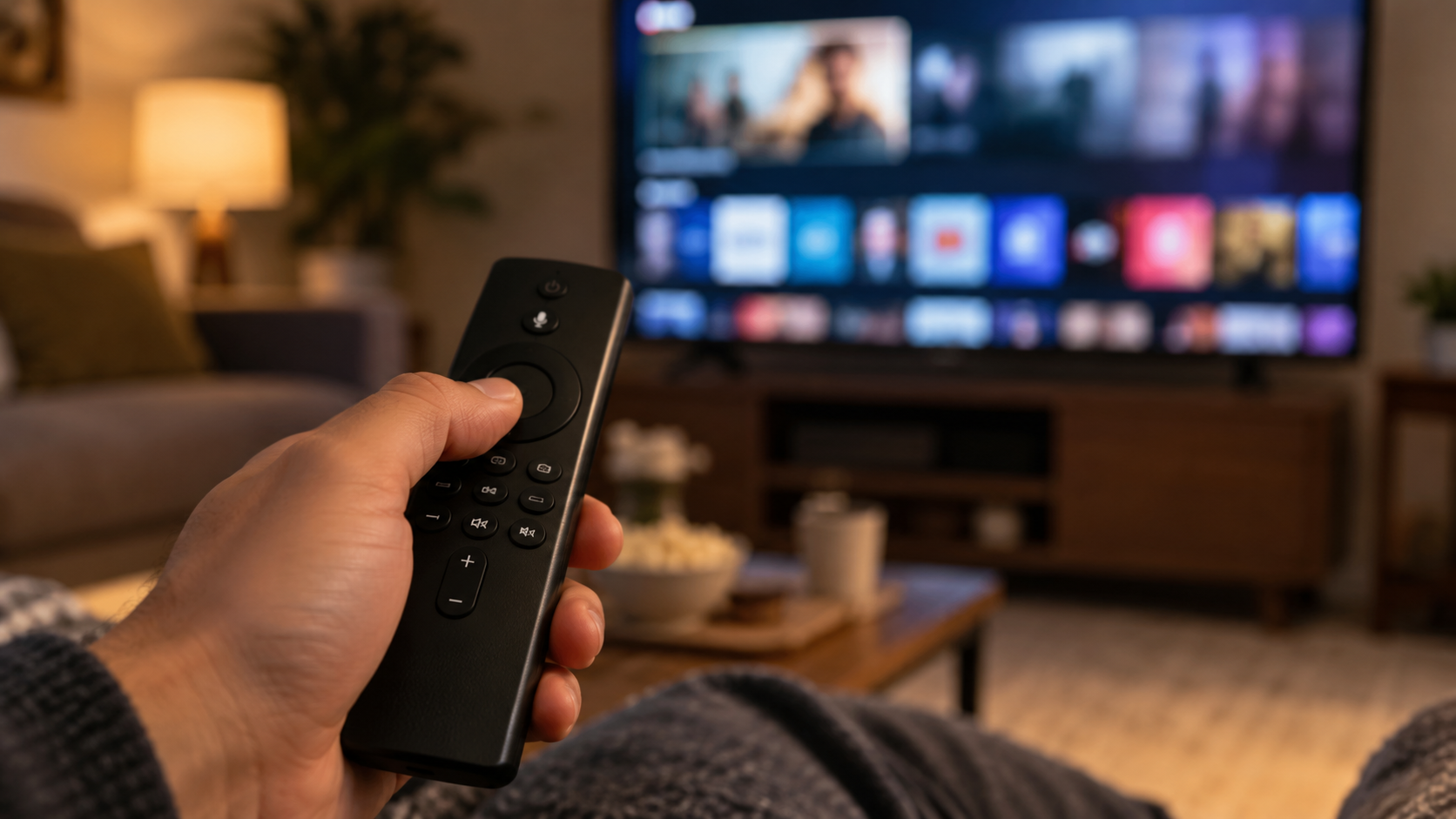 pessoa usando controle remoto diante da tela inicial de uma smart TV
