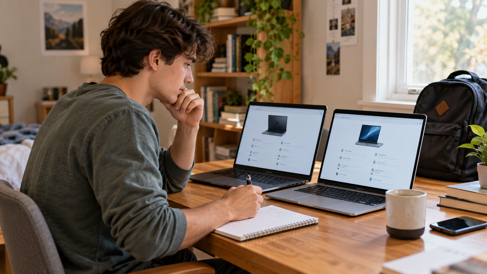 estudante comparando especificações de dois notebooks antes da compra