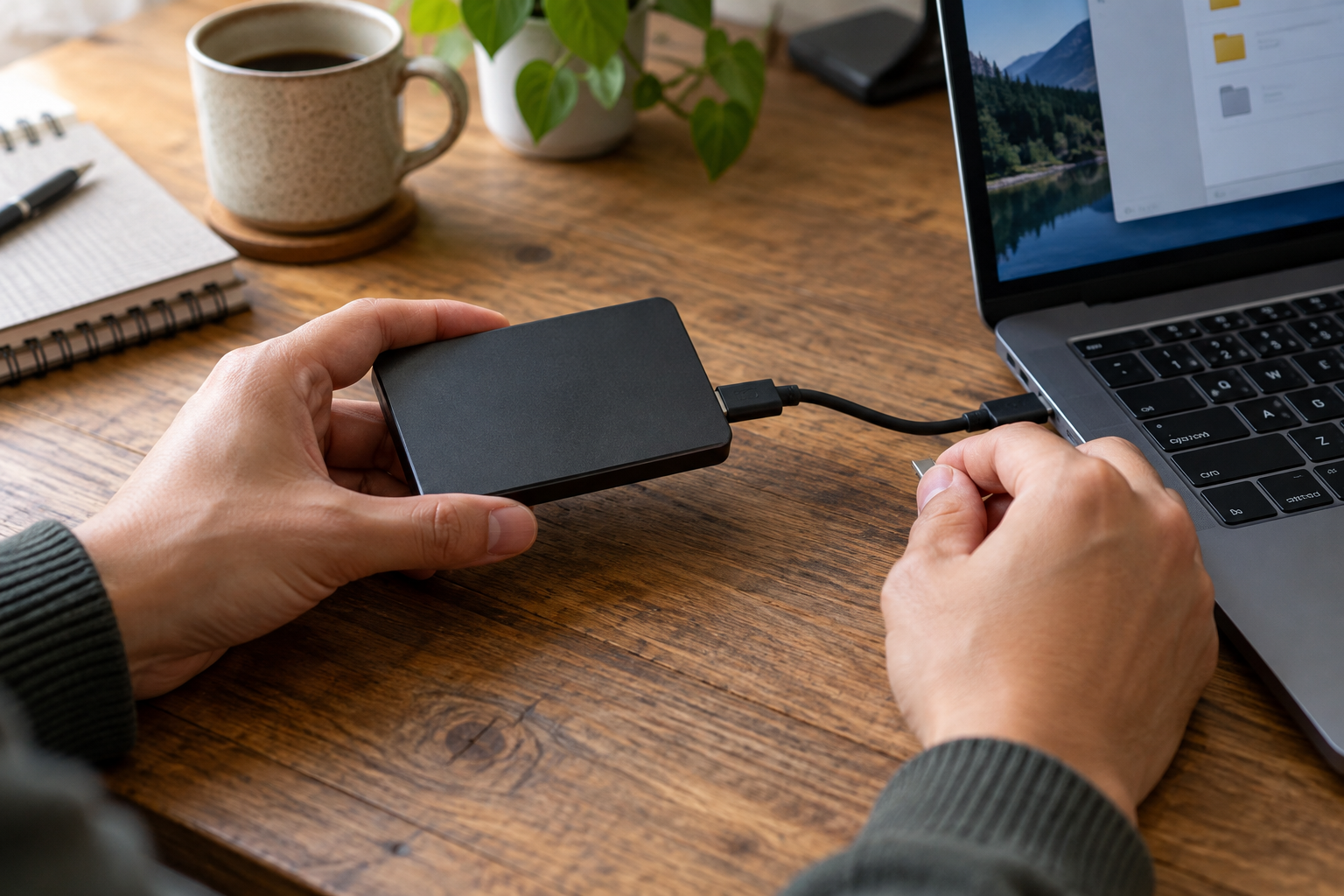 pessoa conectando SSD externo para fazer backup antes de limpar o PC