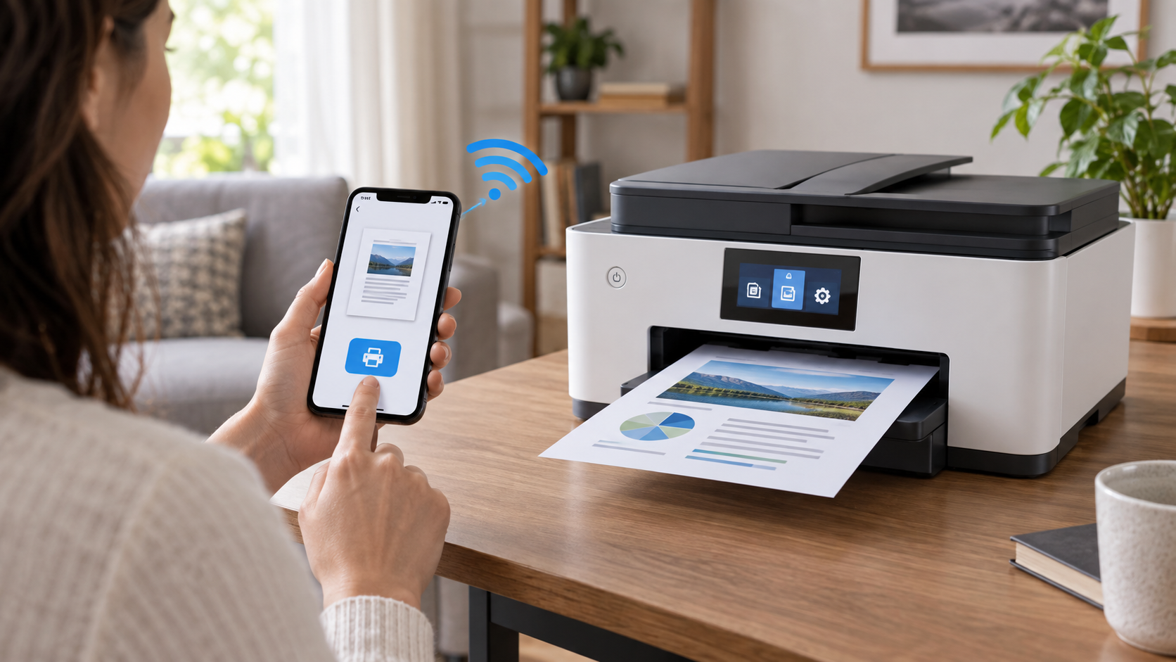 Usuária enviando um documento do celular para uma impressora conectada ao Wi-Fi