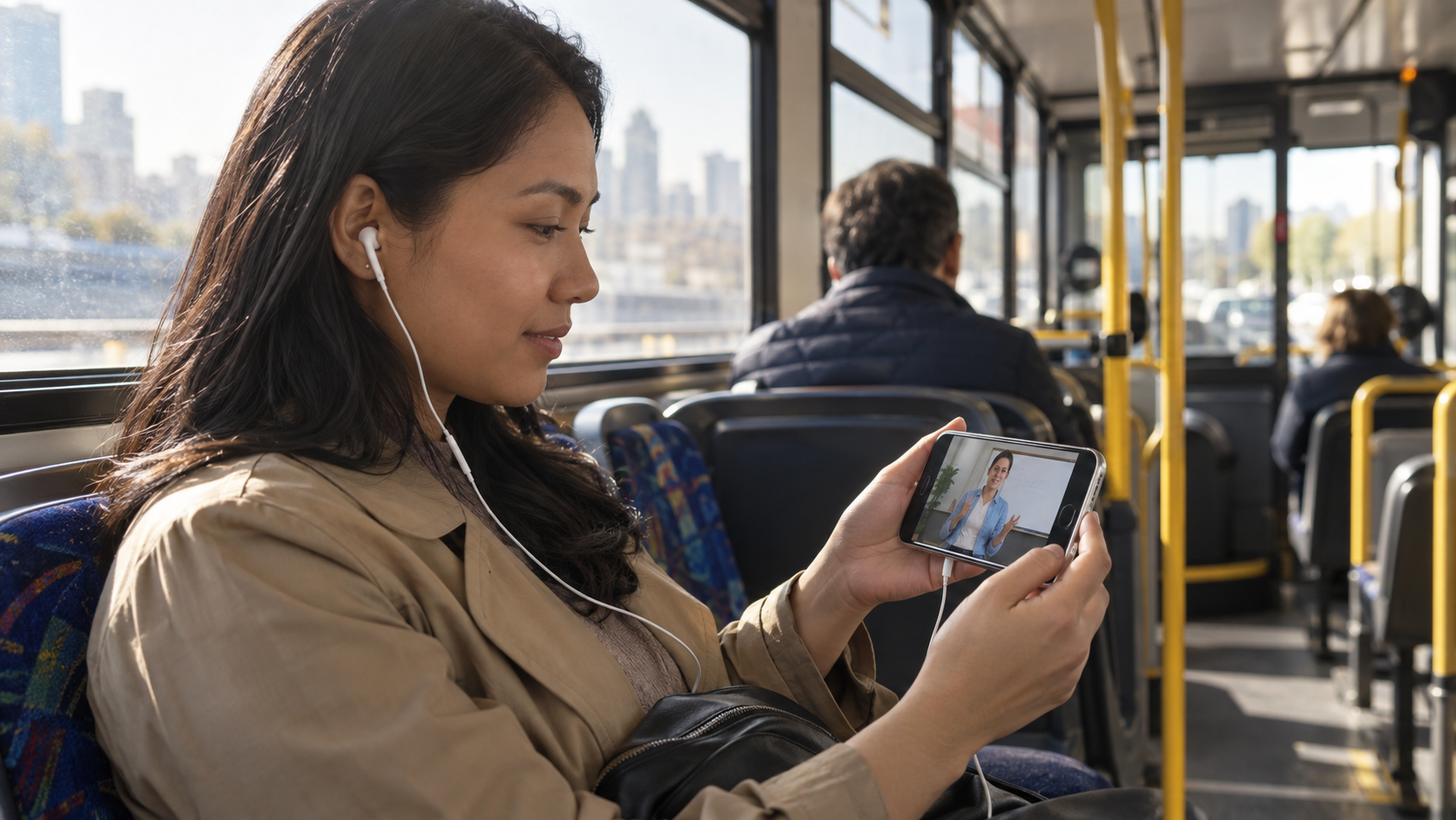 Passageira estudando inglês pelo celular durante uma viagem de ônibus