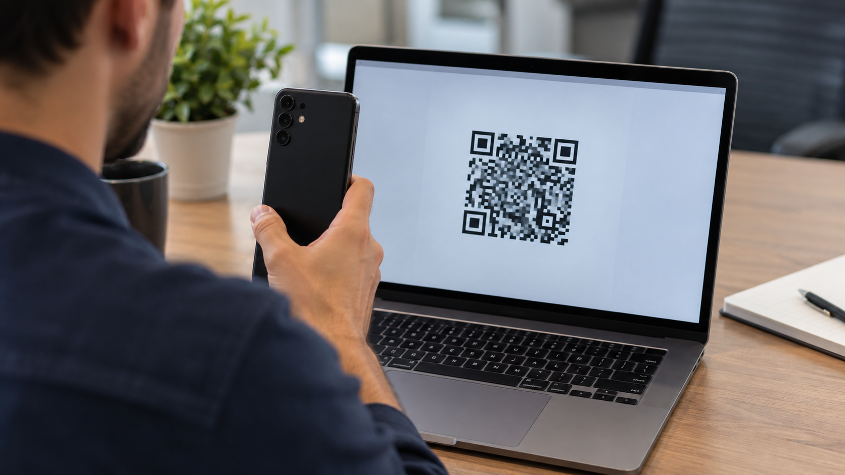 Pessoa apontando a câmera traseira do celular para o código QR exibido no notebook