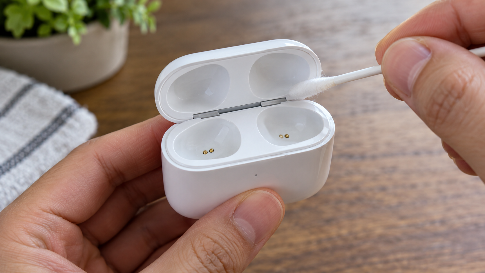 Pessoa limpando o interior de um estojo de fones com uma haste flexível seca