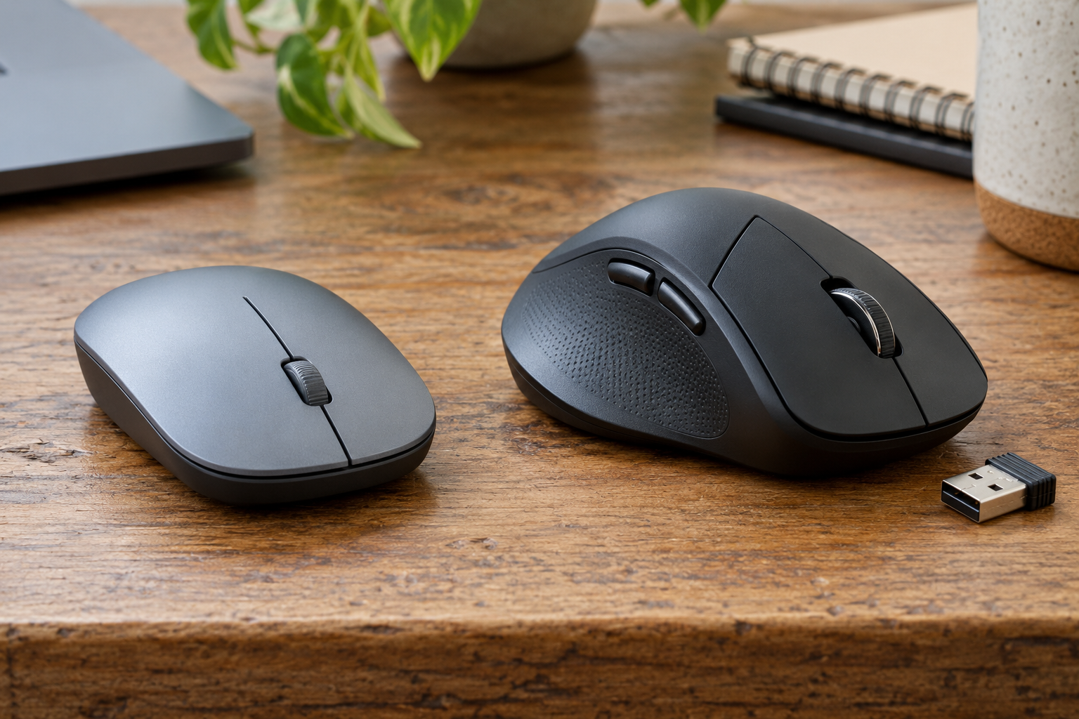 Mouse Bluetooth compacto ao lado de um mouse ergonômico com receptor USB
