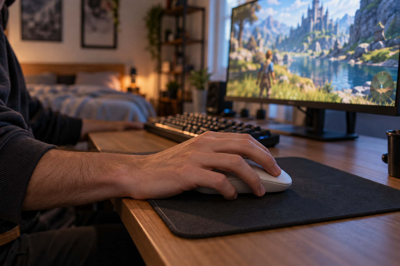 Jogador usando um mouse sem fio em uma partida casual no computador