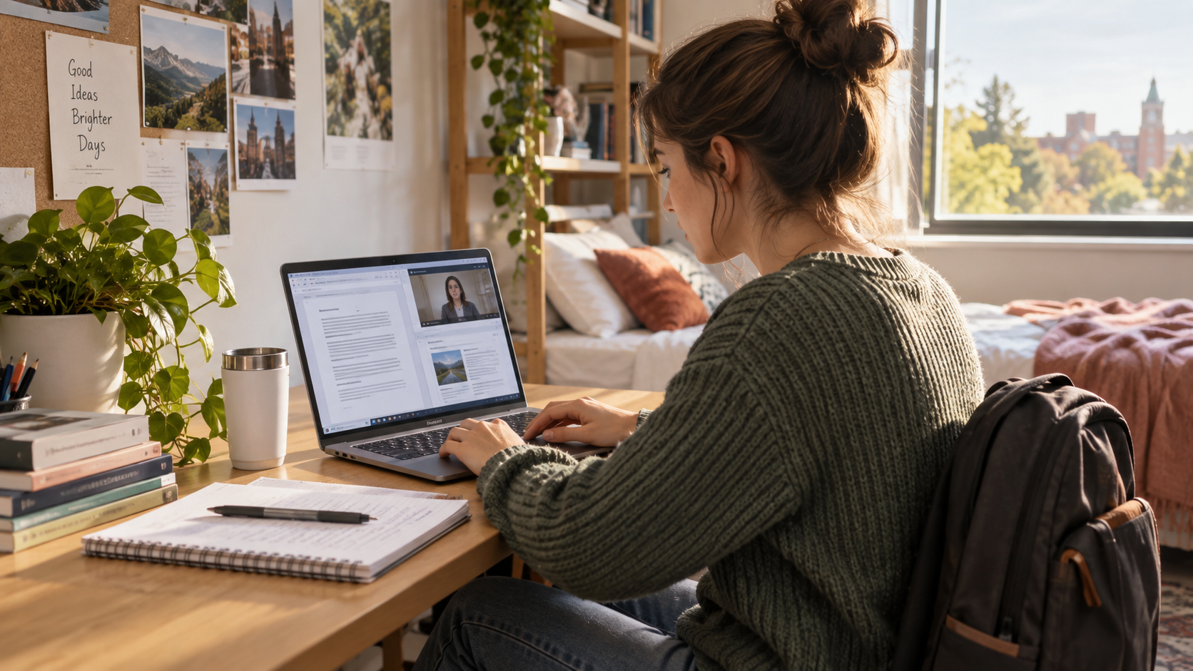 Estudante usando notebook para documentos, videoaula e pesquisa