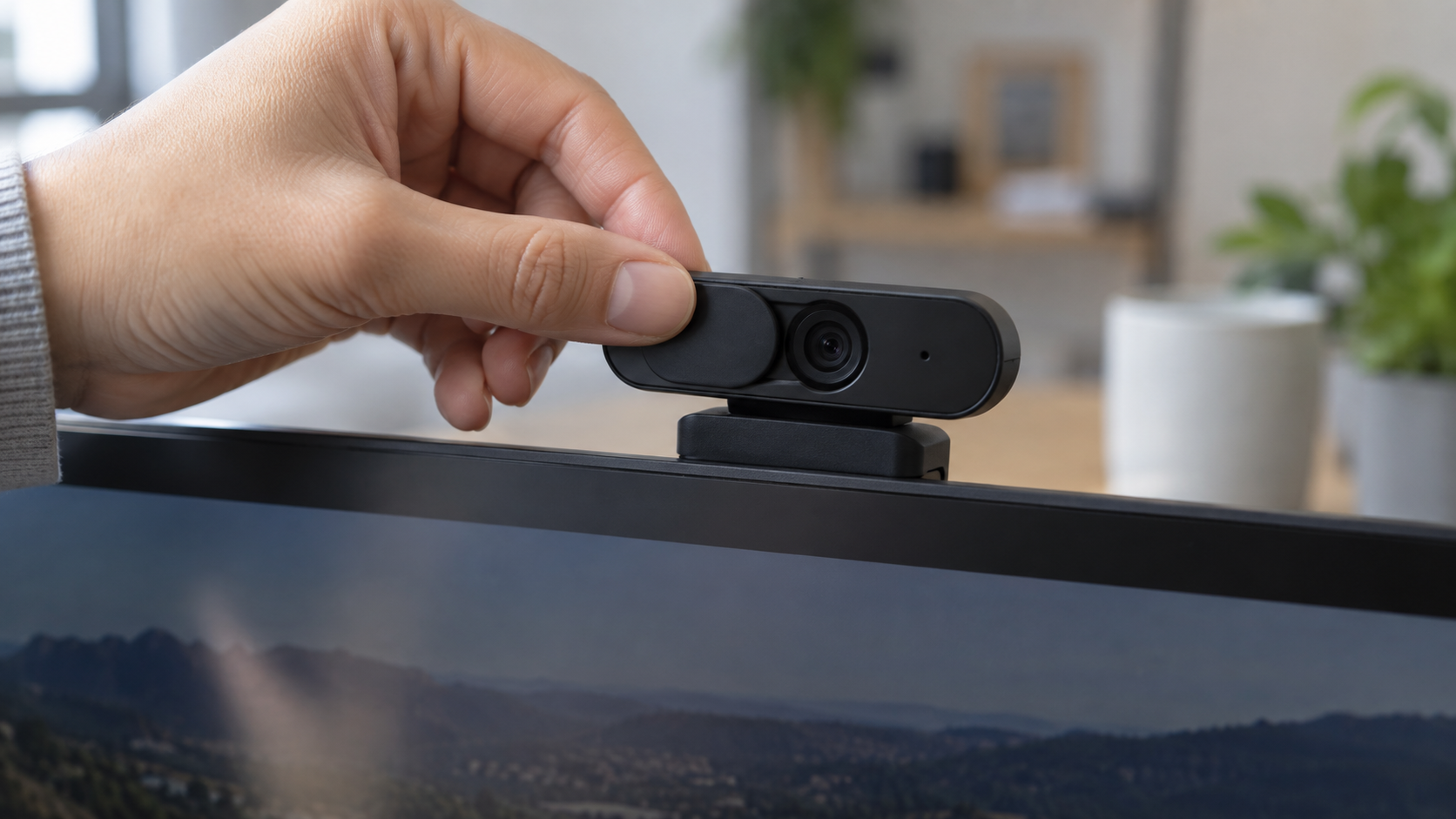 Pessoa fechando o obturador físico de privacidade de uma webcam