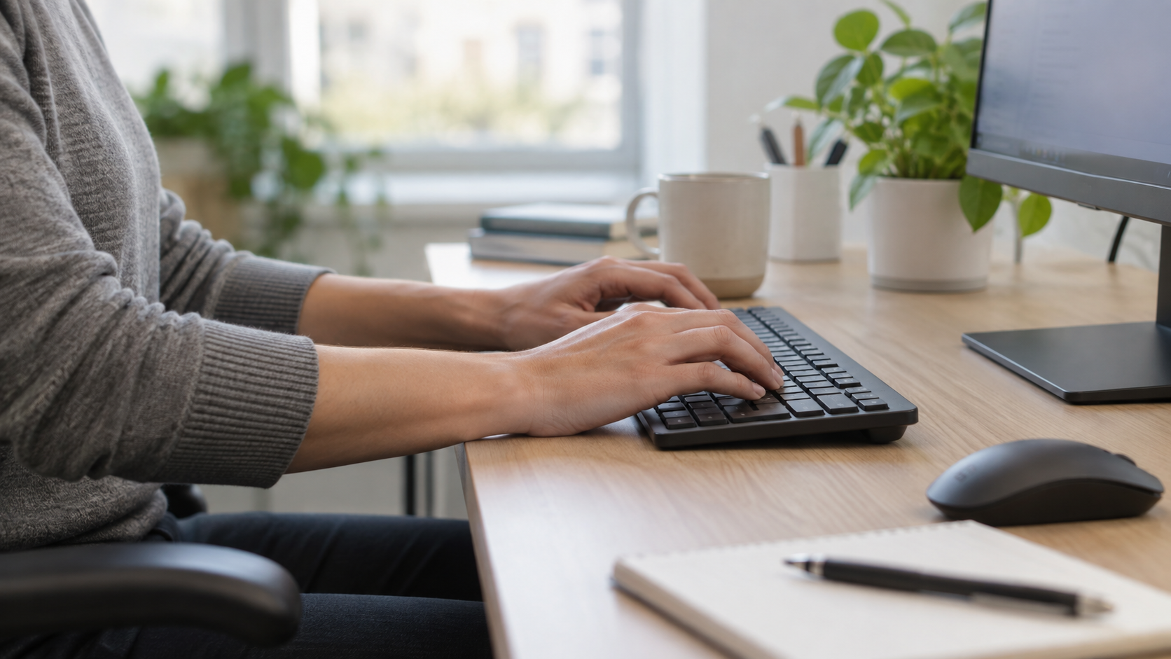 Pessoa digitando com os punhos alinhados e o teclado próximo ao corpo