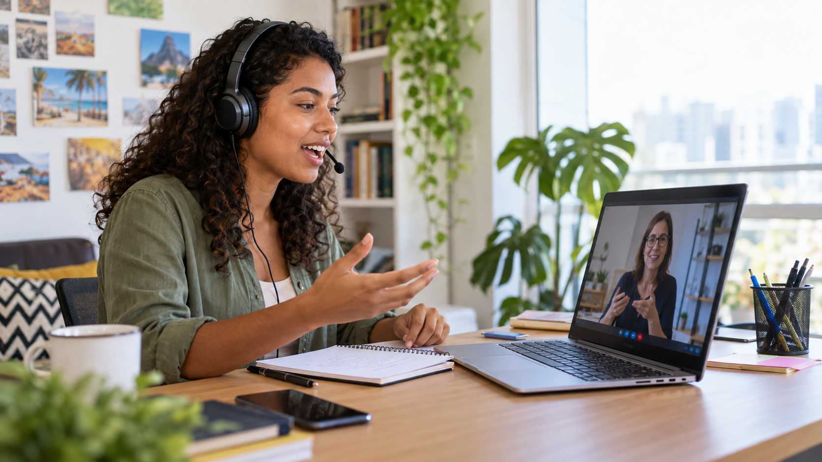 Estudante praticando pronúncia em inglês com fone e microfone