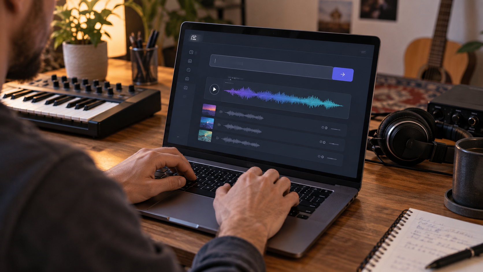 Pessoa digitando um comando musical em uma plataforma de inteligência artificial