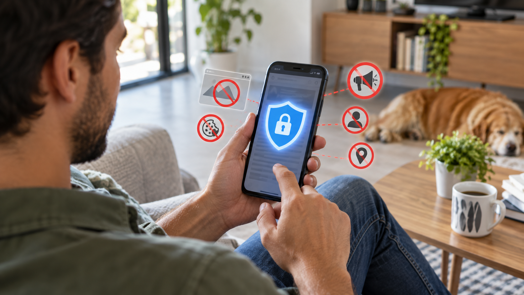 Pessoa navegando no celular com proteção contra anúncios e rastreadores