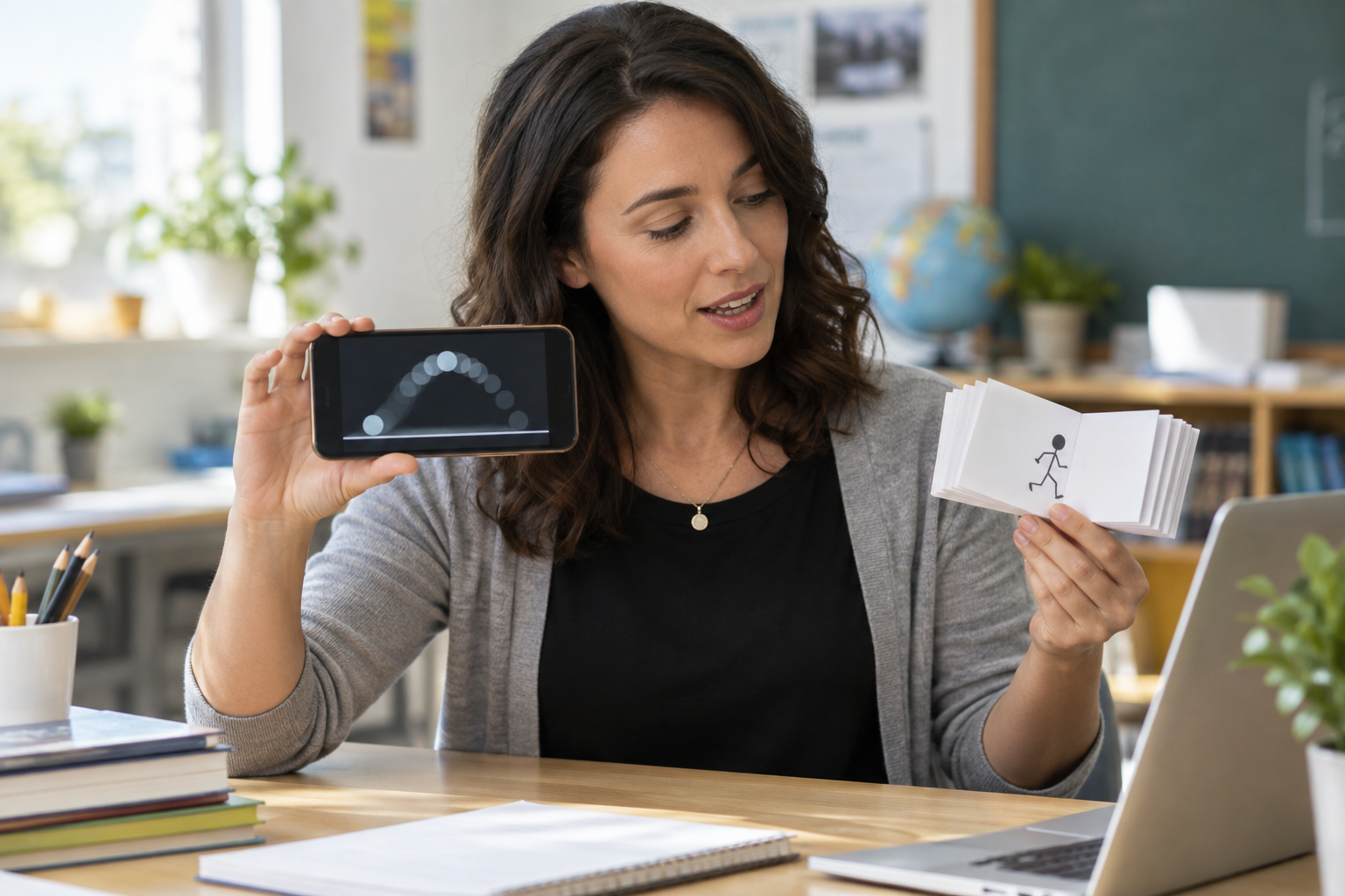 Educadora comparando uma animação no celular com um bloco de desenhos