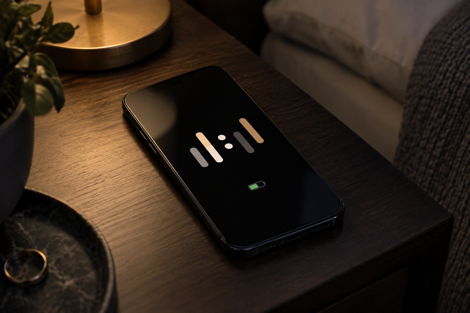 Celular em repouso com tela discreta e indicador de bateria