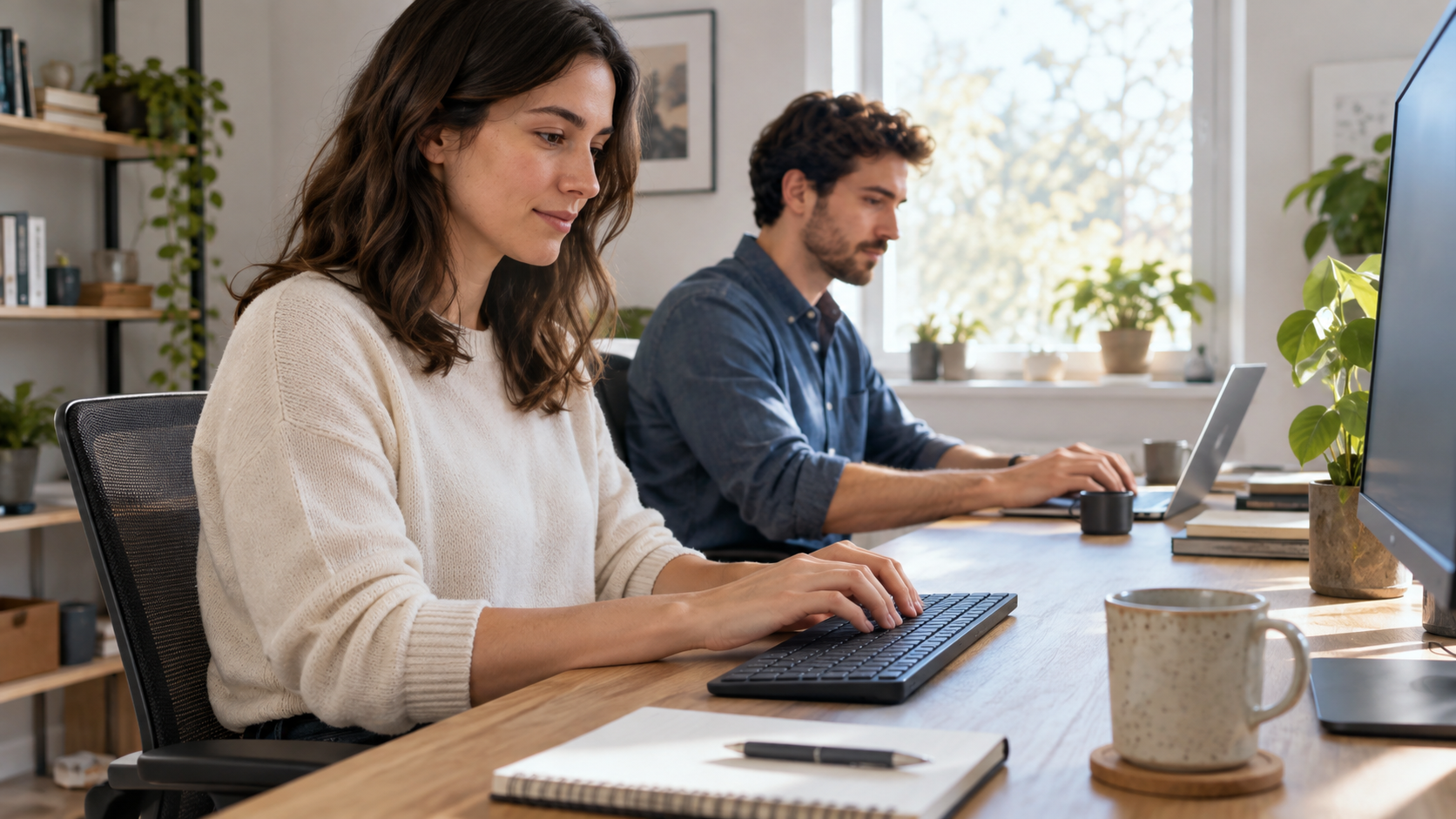 Profissionais usando teclados em um escritório compartilhado