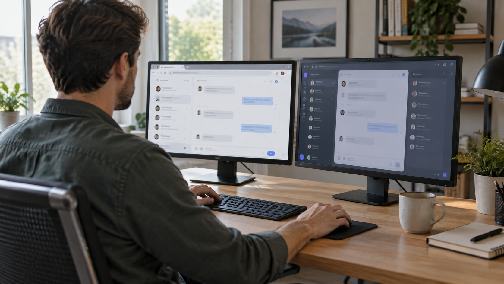 Usuário comparando uma versão web e um aplicativo de mensagens em dois monitores