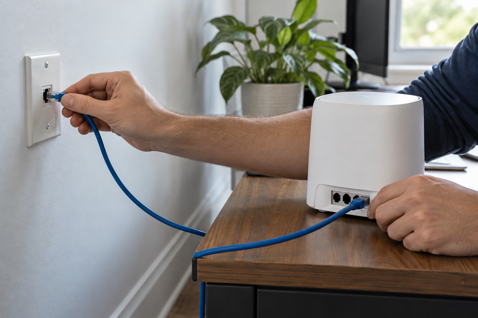 Pessoa conectando um cabo Ethernet a um roteador mesh residencial