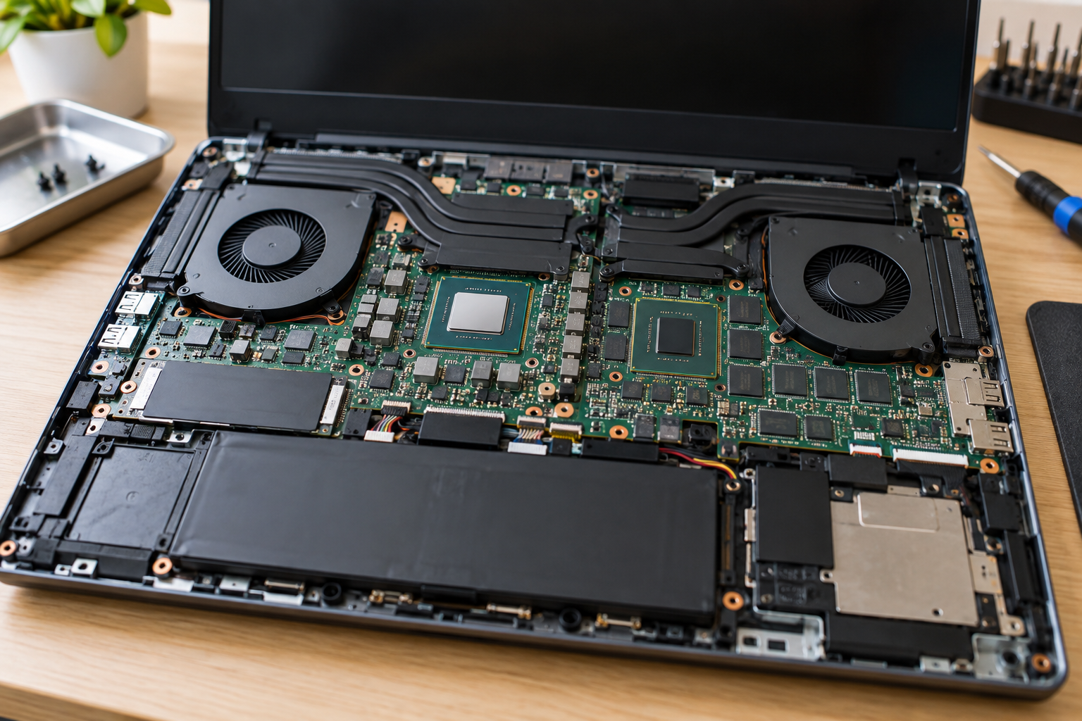 Interior de notebook mostrando chips e sistema de refrigeração na placa-mãe