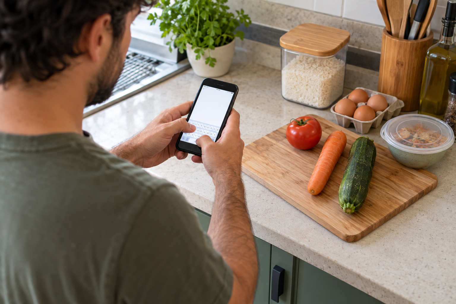 Usuário digitando no celular uma lista de ingredientes disponíveis na cozinha