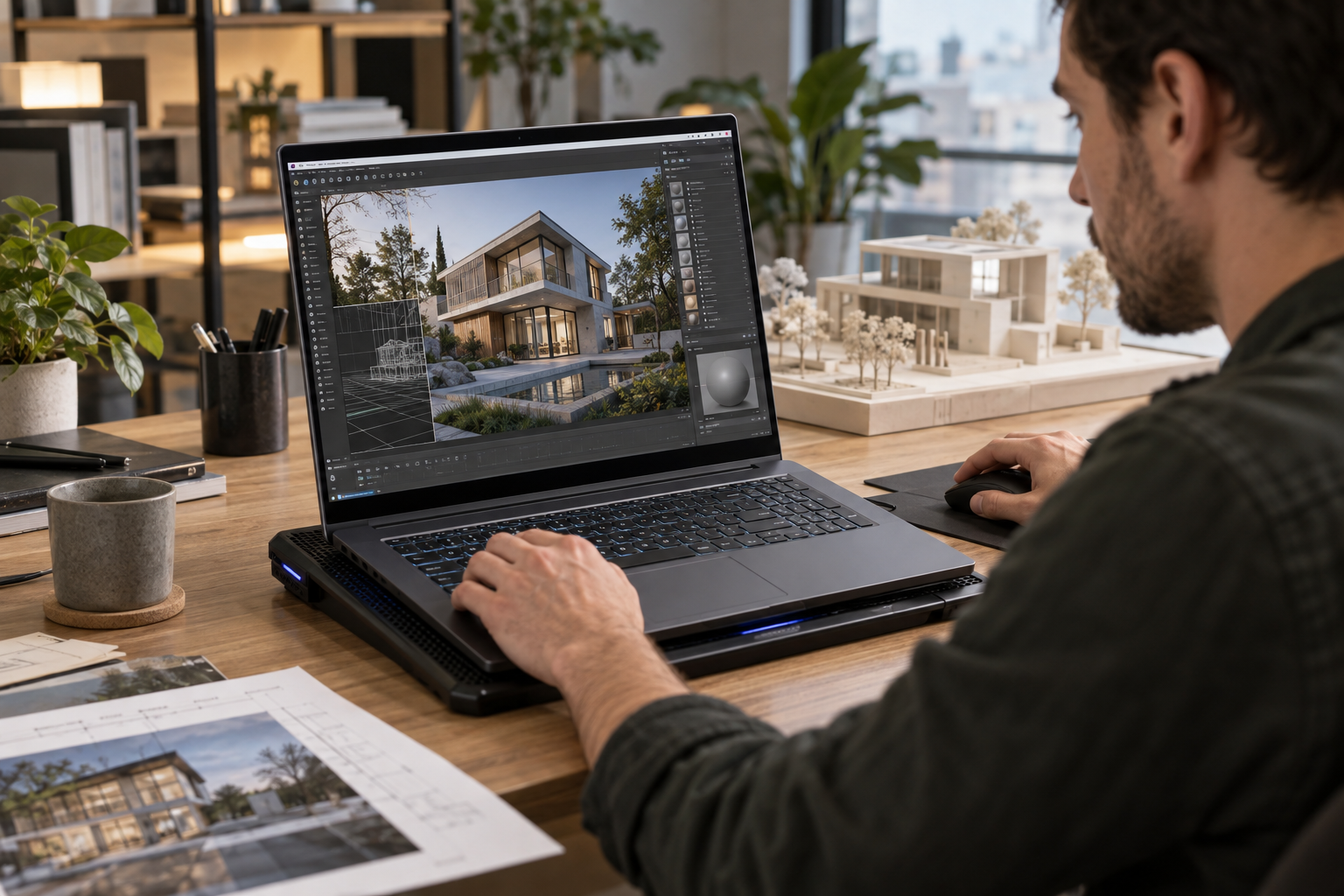 Profissional trabalhando em uma cena arquitetônica 3D em notebook de alto desempenho