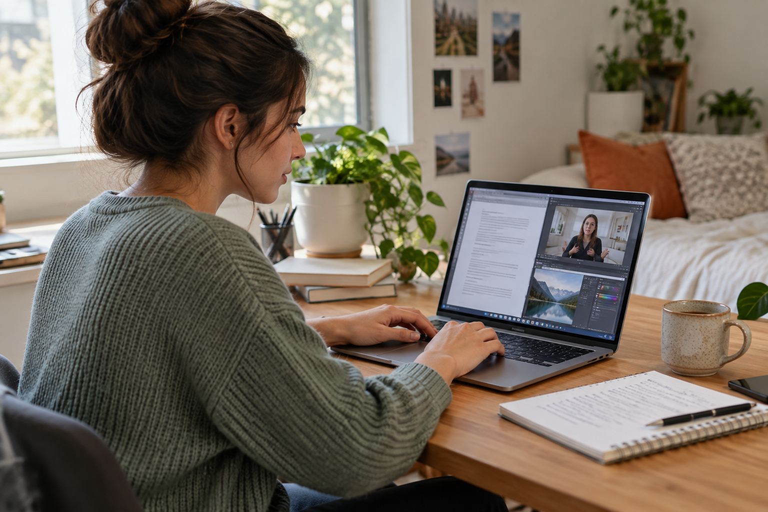 Estudante usando um notebook fino para documentos, videoaula e edição leve