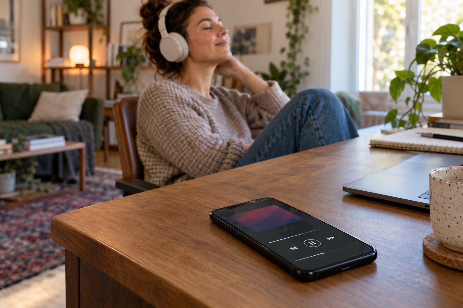 Usuária ouvindo conteúdo com fones enquanto o celular exibe controles de reprodução