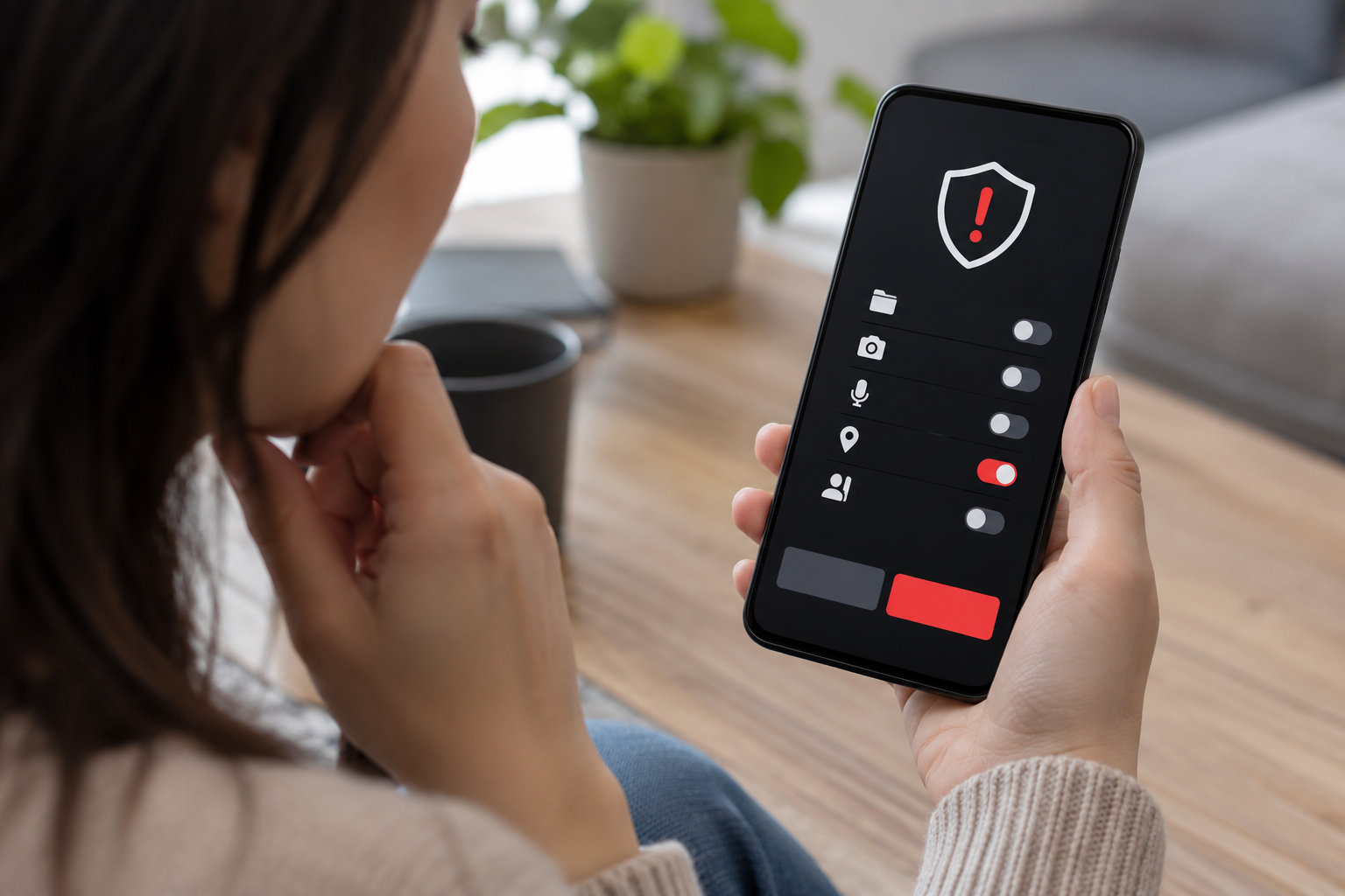 Pessoa revisando um alerta de segurança e permissões de um aplicativo no celular